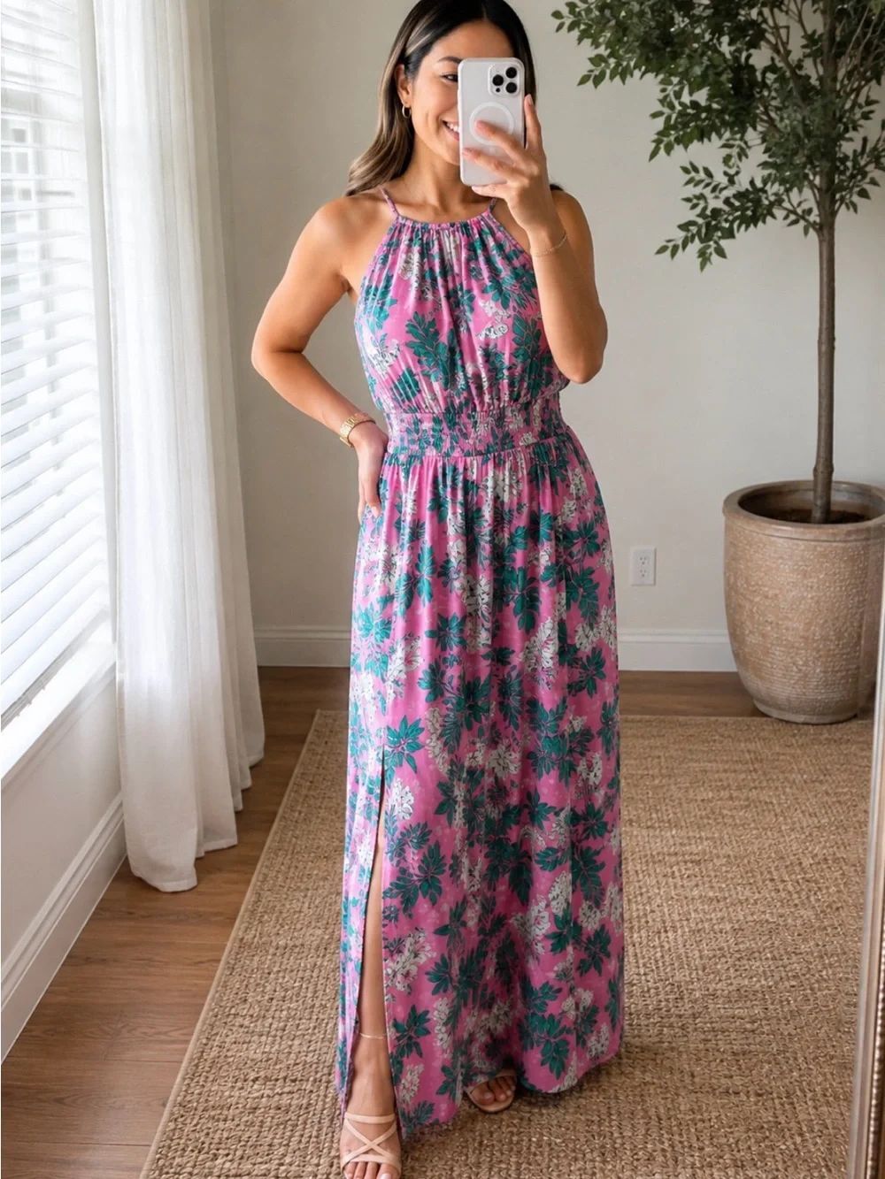 LOFT Pink Tropical Floral Halter Maxi Dress Smocked Waist Side Slit